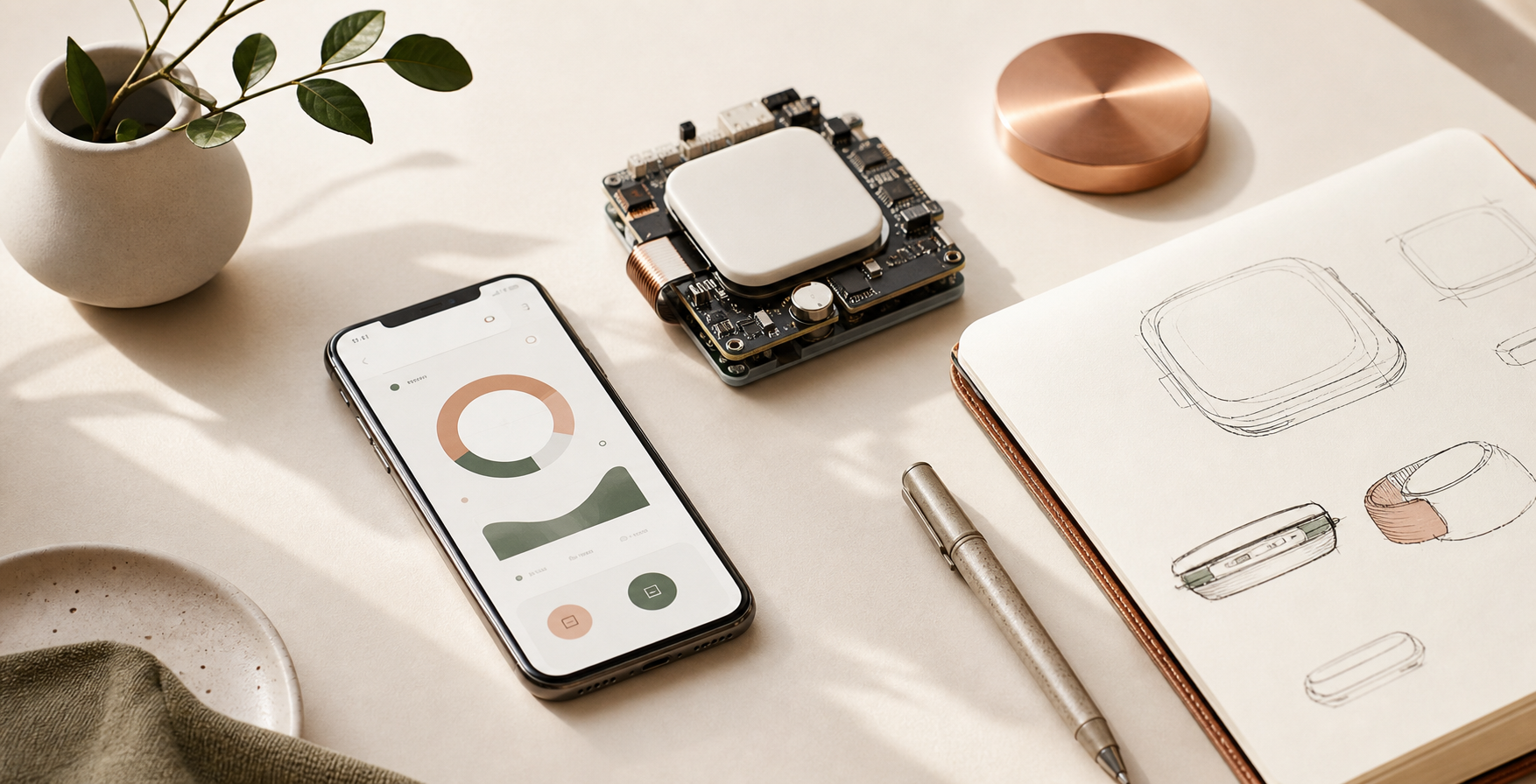 Product development desk with app design, prototype hardware, and sketches