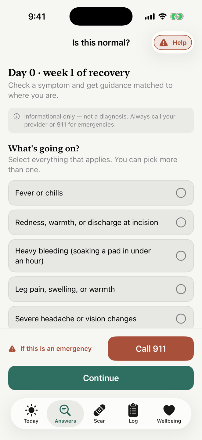 Bough's Answers screen: check a symptom and get guidance matched to your day