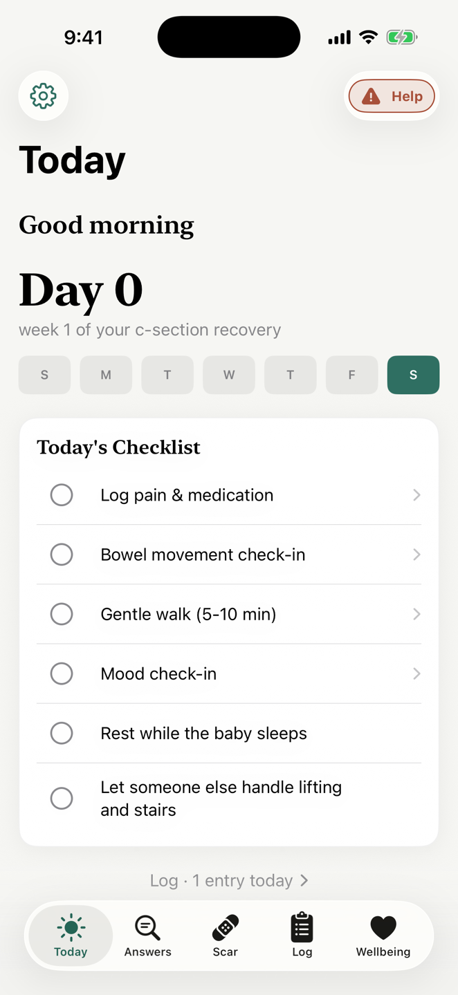 Bough's Today screen: Day 0, week 1 of recovery, with a daily checklist