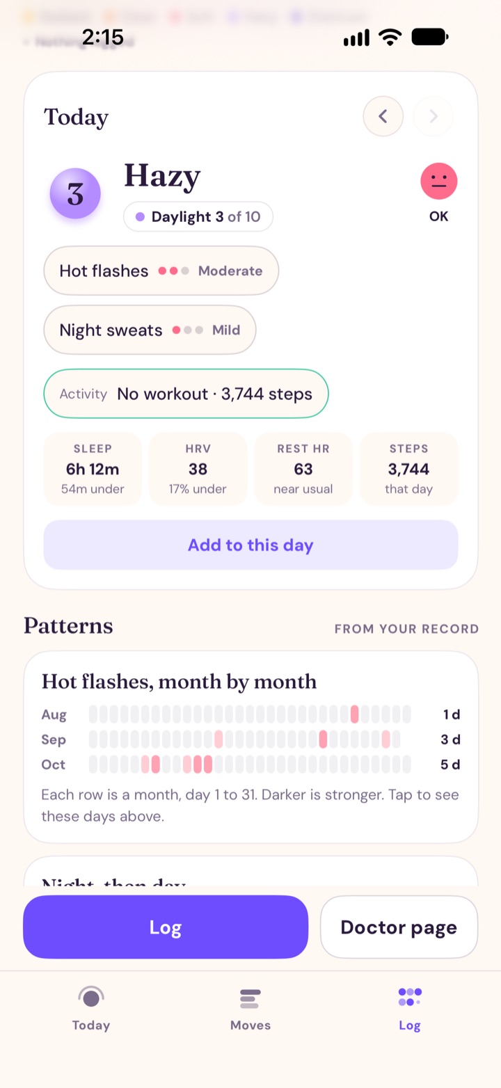 PeriPro&rsquo;s Log tab: a day card with its color, number, symptoms, activity and Health figures, above hot flashes month by month