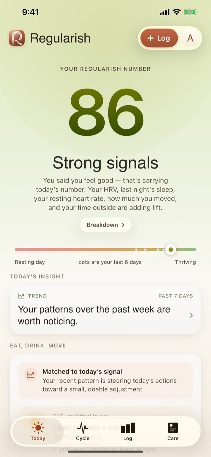 Regularish's Today screen showing the daily Regularish Number with a plain-language explanation